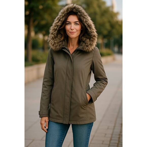 L’agence Parka Coat Detachable Faux Fur Hood Coat Plaid Wool Lining Size 4 - Picture 1 of 8